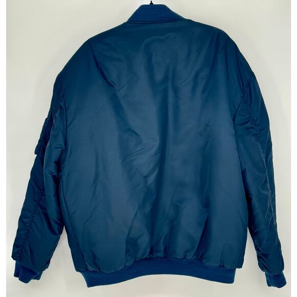 CLENCH Men M Jeans Nylon Bomber Jacket Navy w/ Heavy Orange Lining Winter Coat - Picture 2 of 4